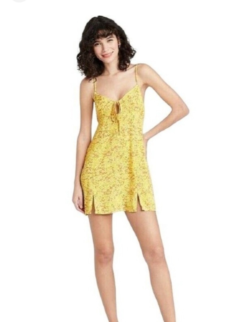wild fable Yellow Floral Tie-Front Slip Dress
